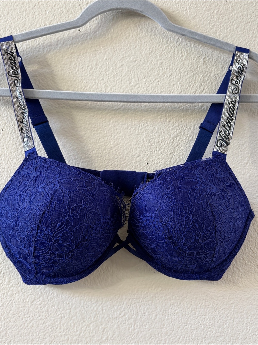 Victoria's Secret Royal Blue Lace Push-Up Bra with Bling Logo Straps